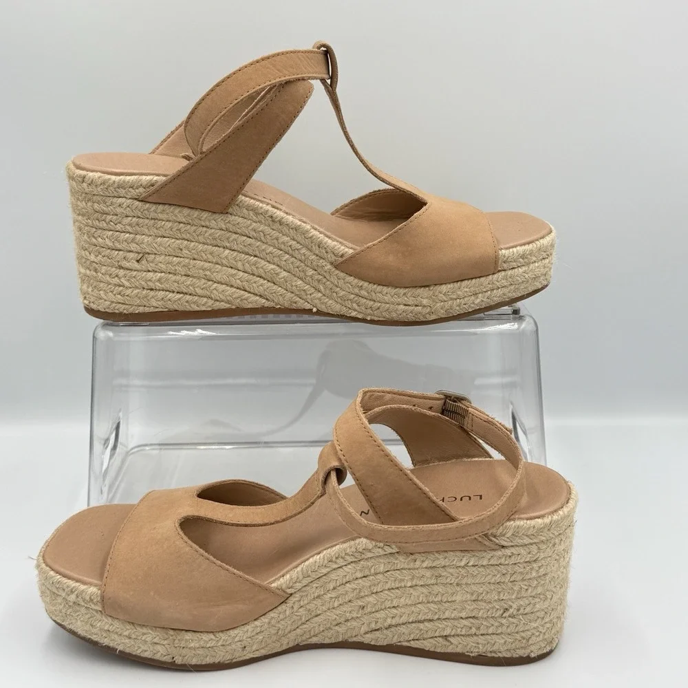 Lucky Brand Valki Sandals Womens‎ Sz 7M Beige Leather T-Strap Espadrille Wedge